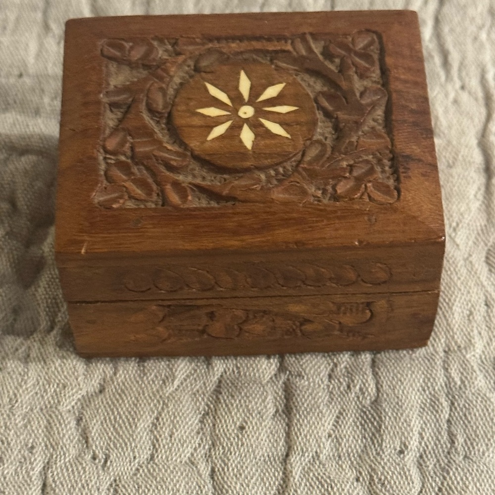 Vintage India Hand Carved Wooden Trinket Box with Floral Design